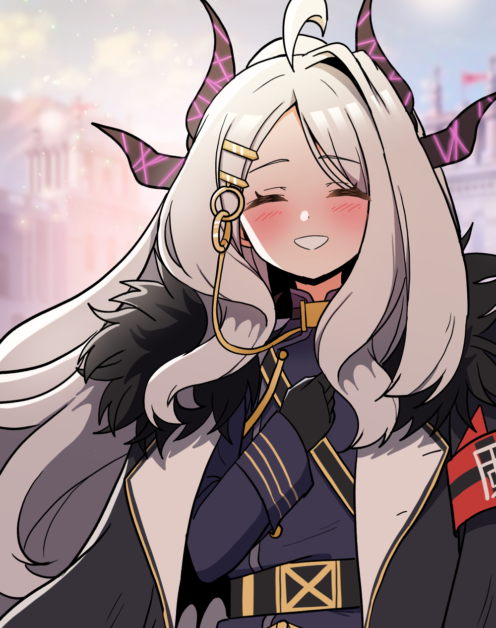 1girl, :d, ^_^, ^o^, ahoge, armband, bangs, belt, black_gloves, blue_archive, blurry, closed_eyes, coat, coat_on_shoulders, commentary_request, demon_girl, demon_horns, depth_of_field, forehead, fur-trimmed_coat, fur_trim, gloves, hair_ornament, hairclip, halo, highres, hina_(blue_archive), horns, long_hair, long_sleeves, looking_at_viewer, military, military_uniform, parted_bangs, ponytail, shoulder_belt, sidelocks, smile, solo, uniform, white_hair, zeroku77