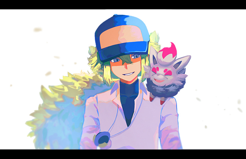 1boy, bangs, baseball_cap, black_undershirt, collared_shirt, commentary_request, green_hair, grey_eyes, hair_between_eyes, hat, jewelry, long_hair, male_focus, n_(pokemon), necklace, on_shoulder, parted_lips, pokemon, pokemon_(creature), pokemon_(game), pokemon_bw, pokemon_on_shoulder, shirt, smile, undershirt, upper_body, white_background, zero_(sleepy_meltan), zorua