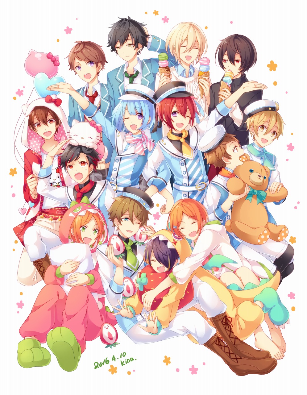 2wink_(ensemble_stars!), 6+boys, :d, ;d, ^_^, ahoge, animal_ears, animal_hood