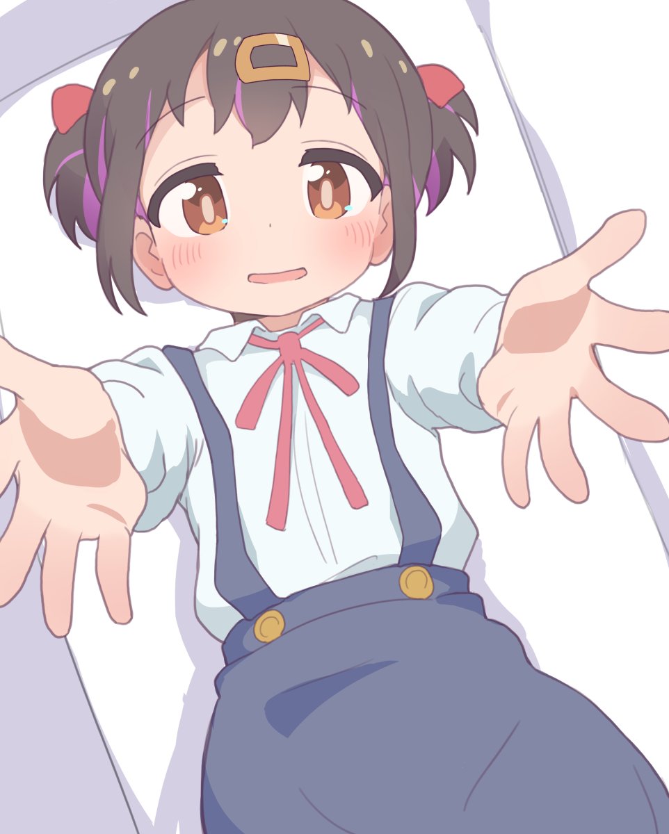 1girl, :d, aged_down, black_hair, black_skirt, brown_eyes, carry_me, commentary_request