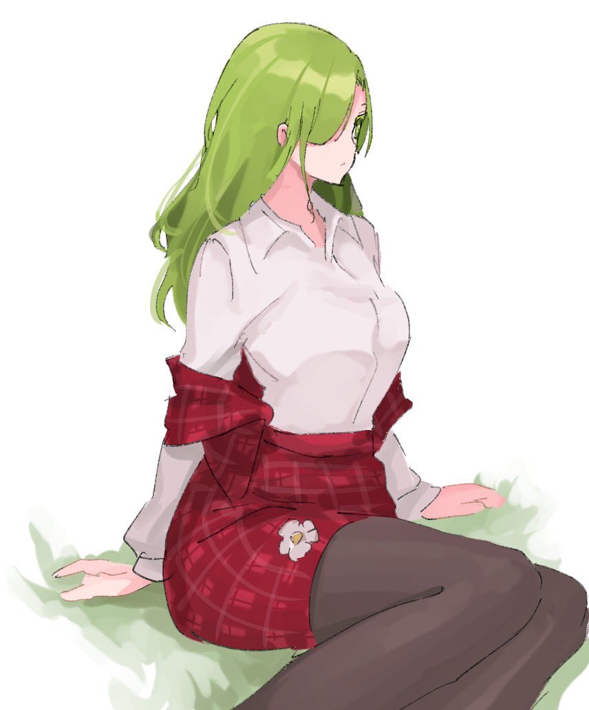 1girl, bangs, black_pantyhose, closed_mouth, collared_shirt, commentary, commentary_request, green_eyes