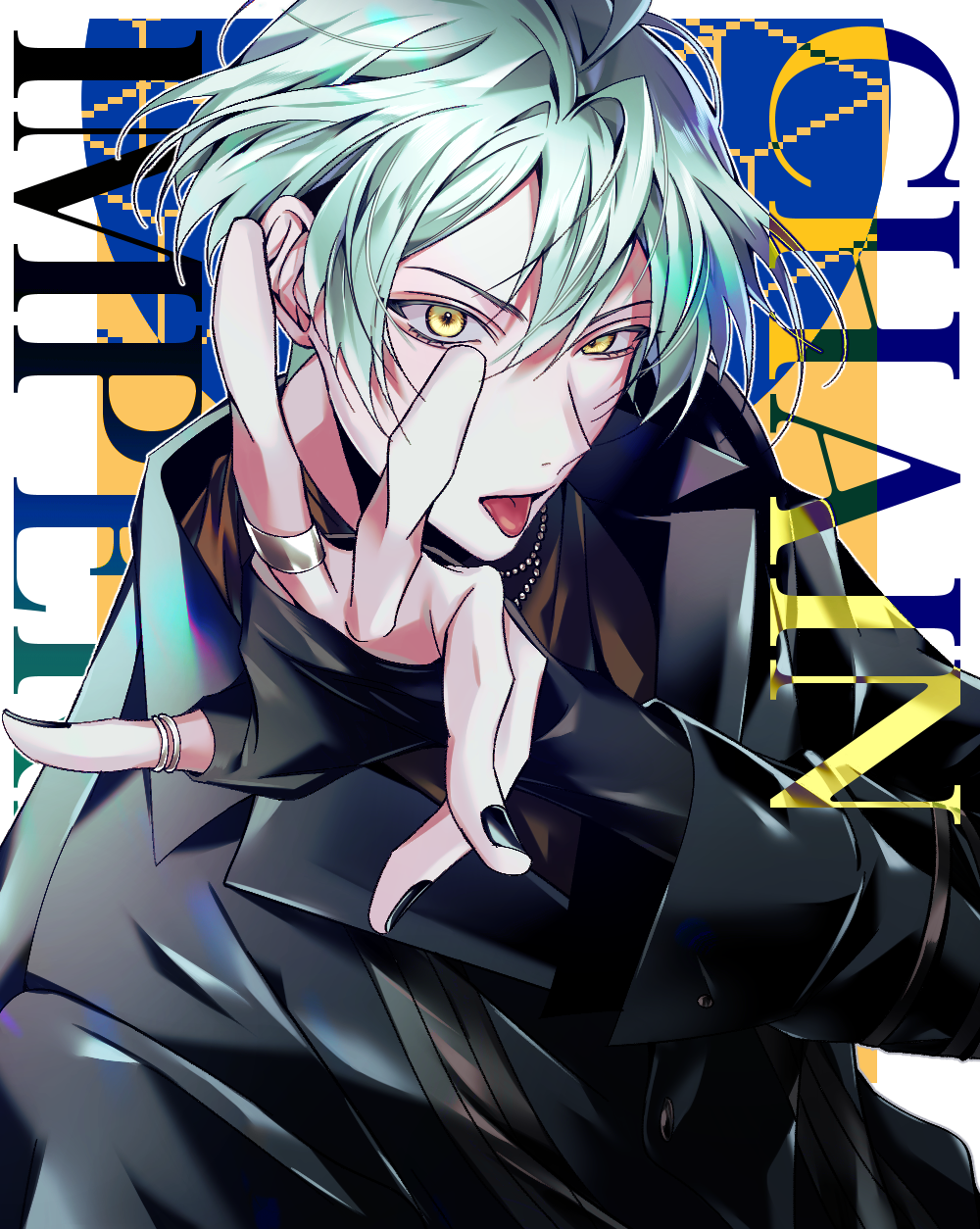1boy, black_jacket, black_shirt, blue_background, blue_hair, highres, idolish7, isumi_haruka