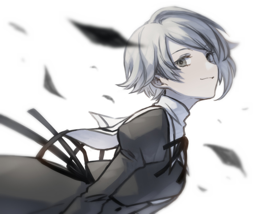 1girl, arms_at_sides, assault_lily, bangs, black_ribbon, black_skirt, blurry, blurry_foreground