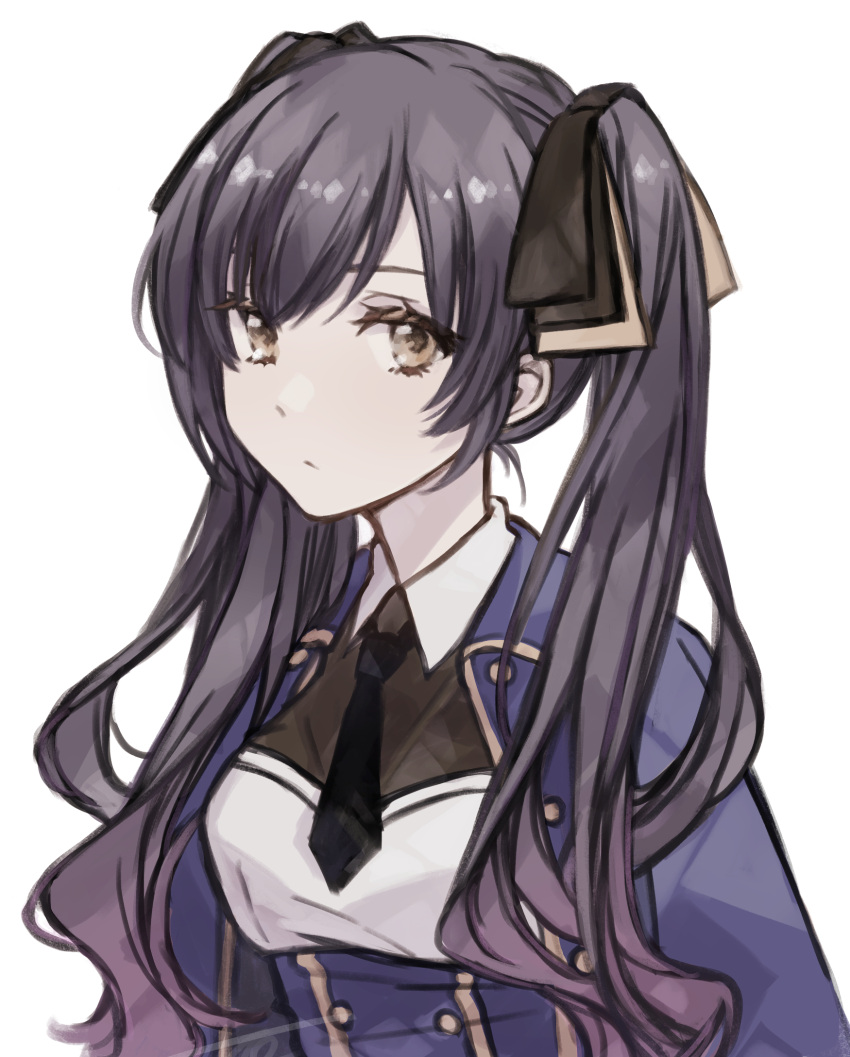 1girl, arms_at_sides, assault_lily, bangs, black_necktie, black_ribbon, blue_cloak, blue_shirt