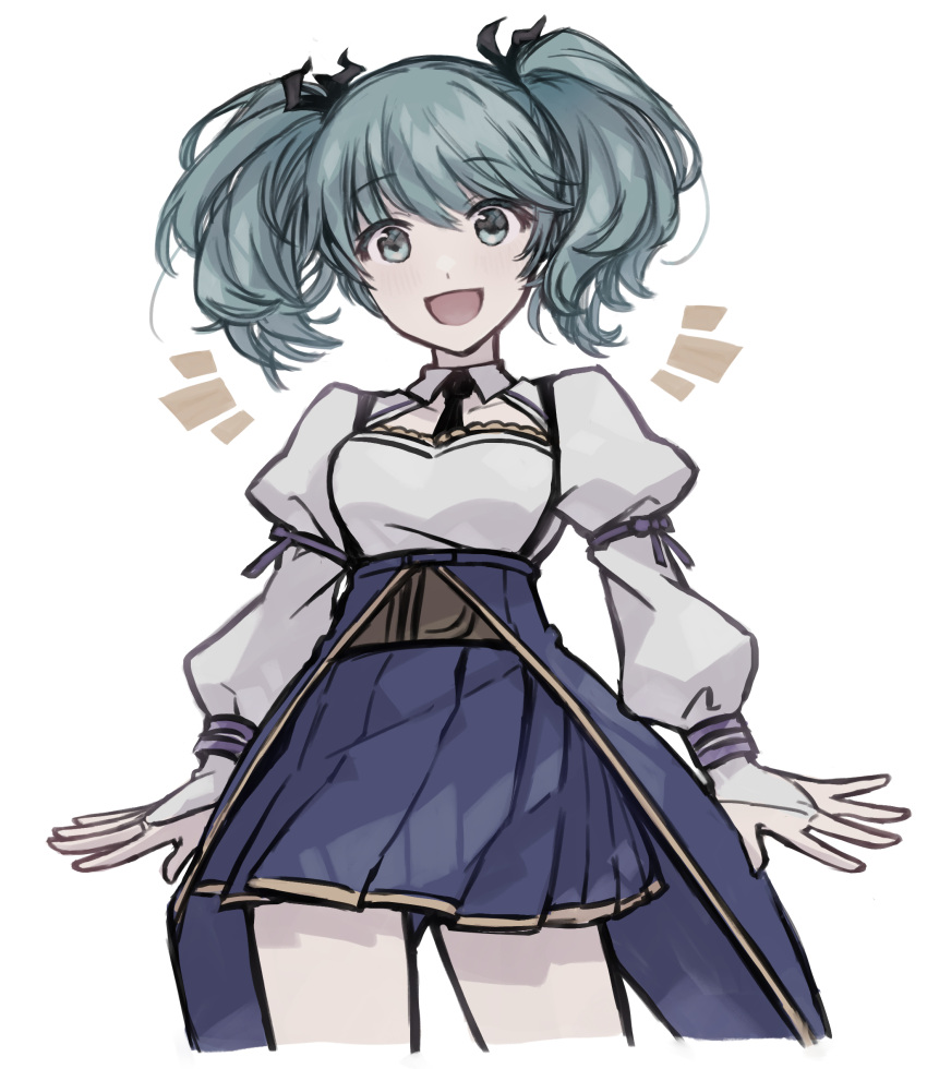 1girl, :d, aqua_eyes, aqua_hair, arms_at_sides, assault_lily, bangs, belt