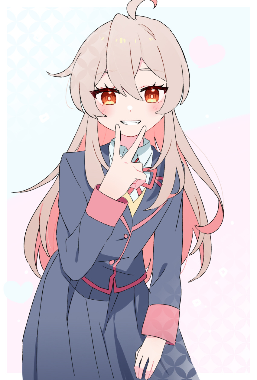 1girl, ahoge, bangs, black_jacket, black_skirt, blush, brown_eyes, colored_inner_hair