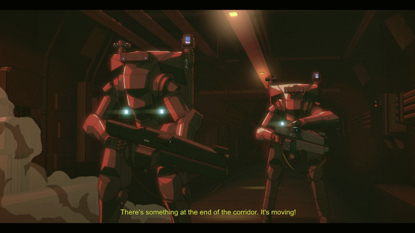 1990s_(style), anime_coloring, english_text, fake_screenshot, gun, hallway, lights, mecha, military, no_humans, original, power_armor, retro_artstyle, robot, science_fiction, smoke, subtitled, w_a_v_e, weapon