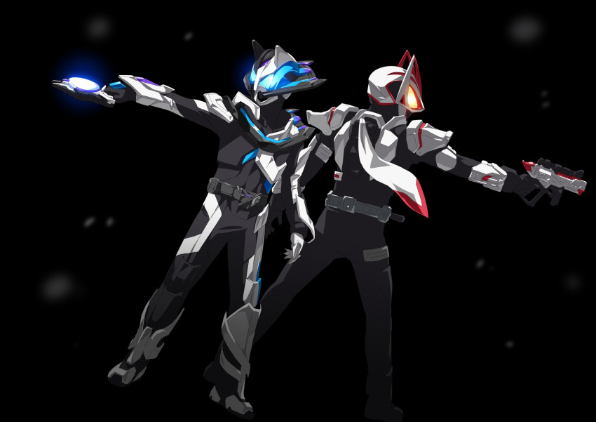 2boys, animal_ears, armor, asymmetrical_armor, asymmetrical_gloves, back-to-back, black_armor, black_background