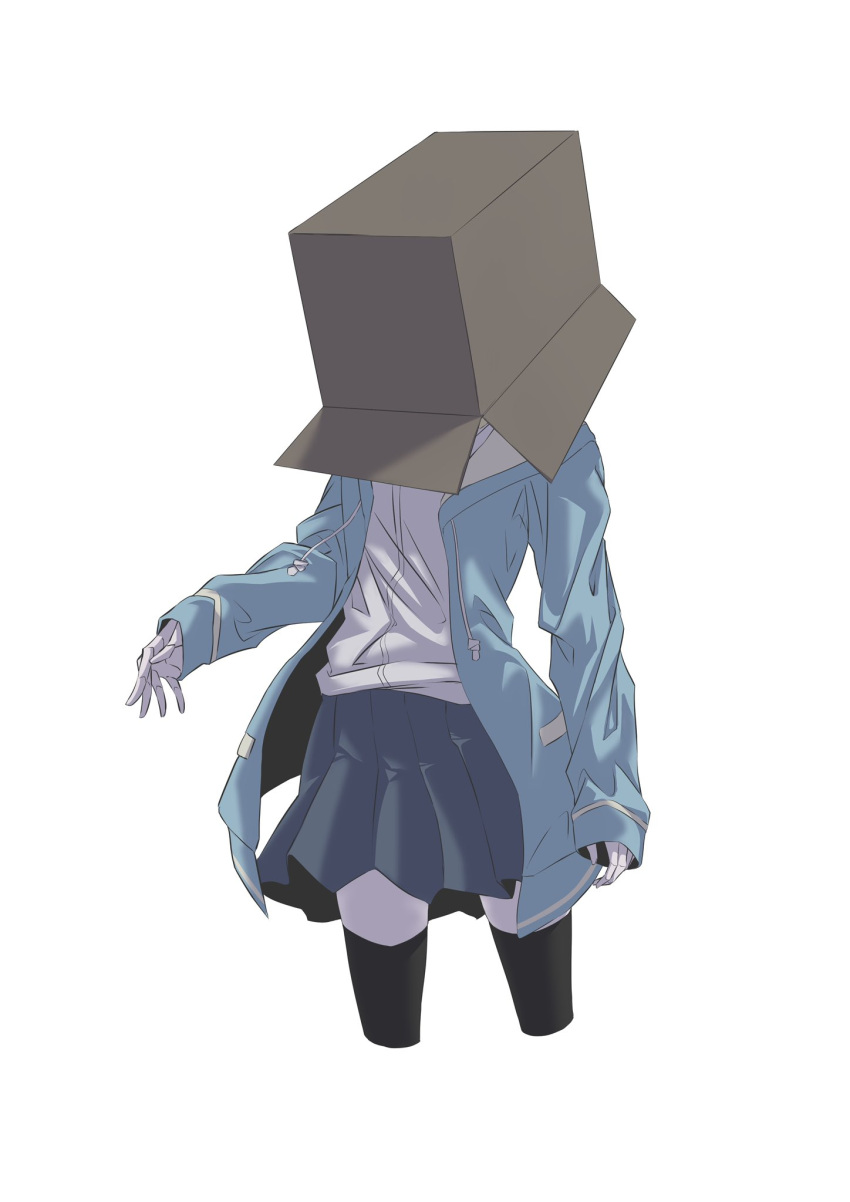 1girl, aragami0618, black_skirt, black_thighhighs, blue_jacket, box, box_on_head, cardboard_box