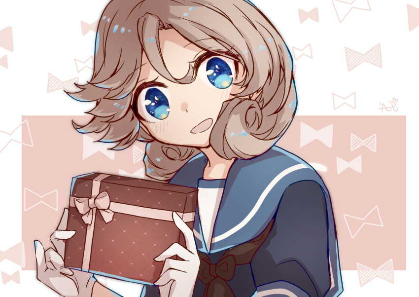 1girl, ane_hoshimaru, bangs, blue_eyes, blue_sailor_collar, box, dress, gift