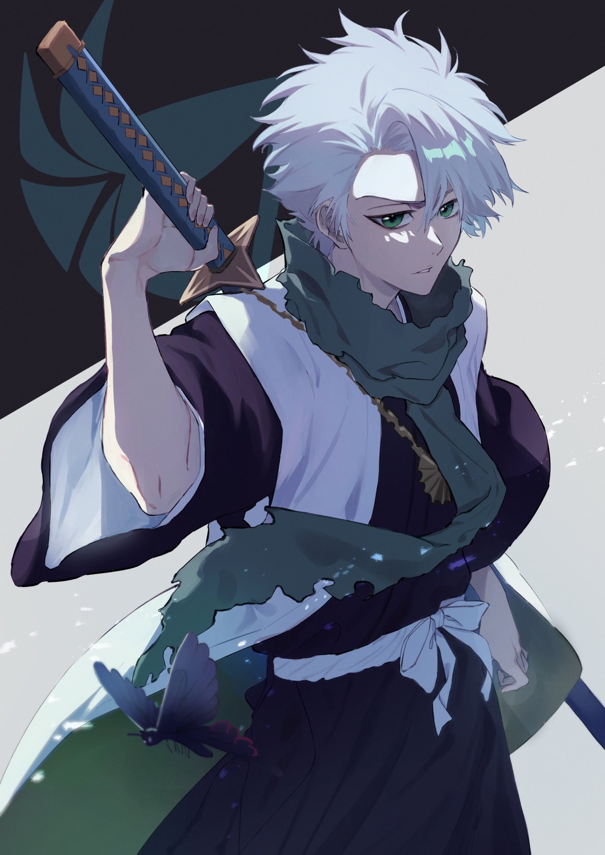 1boy, black_background, black_kimono, bleach, commentary_request, green_eyes, grey_background, grey_hair, hair_between_eyes, highres, hitsugaya_toushirou, holding, holding_sword, holding_weapon, japanese_clothes, katana, kimono, looking_at_viewer, male_focus, parted_lips, shino_yn1031, short_sleeves, solo, sword, sword_on_back, two-tone_background, weapon, weapon_on_back, wide_sleeves