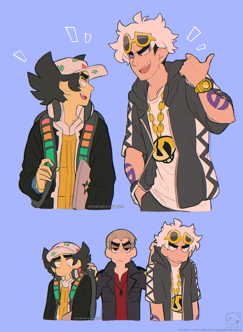 3boys, :d, baseball_cap, black_hair, black_jacket, collared_shirt, commentary, giacomo_(pokemon)