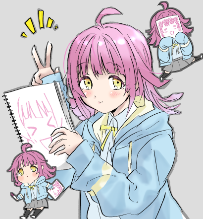 >_<, :p, =_=, ahoge, bangs, black_thighhighs, blue_jacket, blunt_bangs