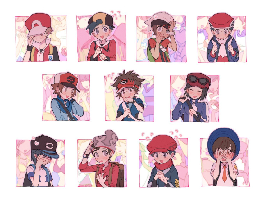 6+boys, backpack, backwards_hat, bag, baseball_cap, beanie, beret, black_shirt, black_wristband, blue_jacket, blush, blush_visible_through_hands, brendan_(pokemon), brown_bag, brown_eyes, brown_hair, calem_(pokemon), closed_eyes, collared_shirt, commentary, covering_face, elio_(pokemon), embarrassed, ethan_(pokemon), florian_(pokemon), flying_sweatdrops, green_bag, grey_eyes, grey_headwear, hand_up, hat, hilbert_(pokemon), holding, huan_li, jacket, logo, long_sleeves, looking_at_viewer, lucas_(pokemon), multiple_boys, nate_(pokemon), necktie, nervous_smile, open_clothes, open_jacket, open_mouth, orange_necktie, pokemon, pokemon_(game), pokemon_bw, pokemon_bw2, pokemon_dppt, pokemon_frlg, pokemon_hgss, pokemon_legends:_arceus, pokemon_oras, pokemon_platinum, pokemon_sm, pokemon_sv, pokemon_swsh, pokemon_xy, red_(pokemon), red_headwear, red_jacket, red_scarf, red_shirt, rei_(pokemon), scarf, shirt, short_hair, short_sleeves, shoulder_bag, smile, symbol-only_commentary, t-shirt, victor_(pokemon), visor_cap, zipper_pull_tab