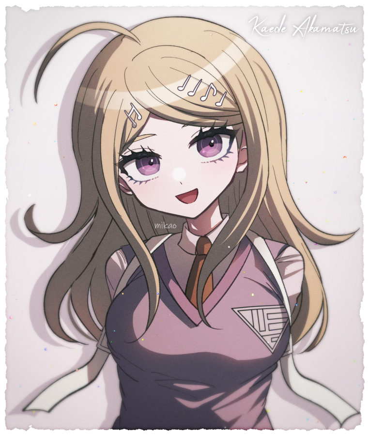 1girl, :d, ahoge, akamatsu_kaede, arms_behind_back, backpack, bag, bangs