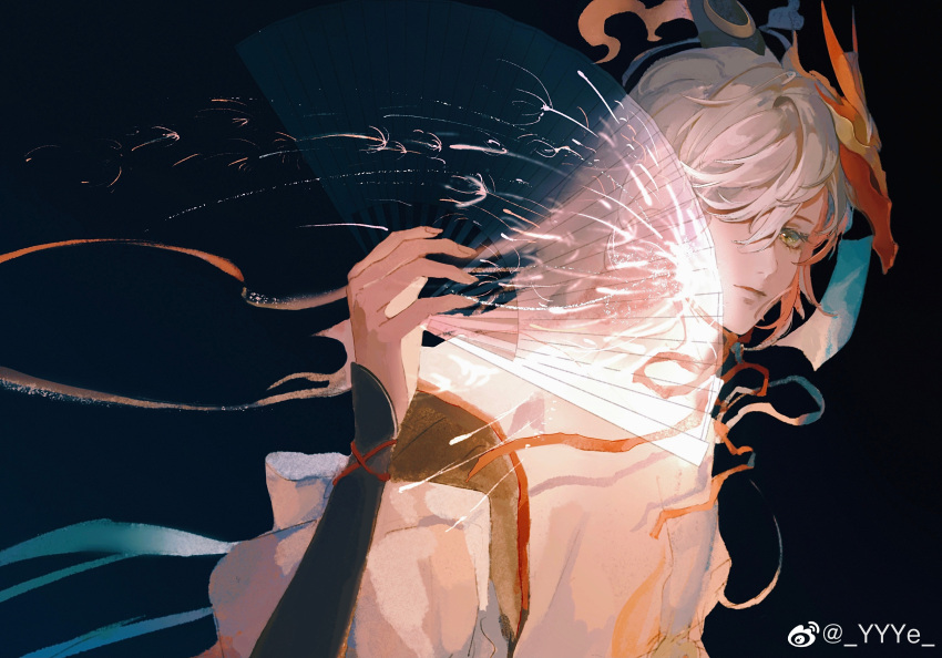 1boy, absurdres, bishounen, fireworks, hand_fan, highres, holding, holding_fan