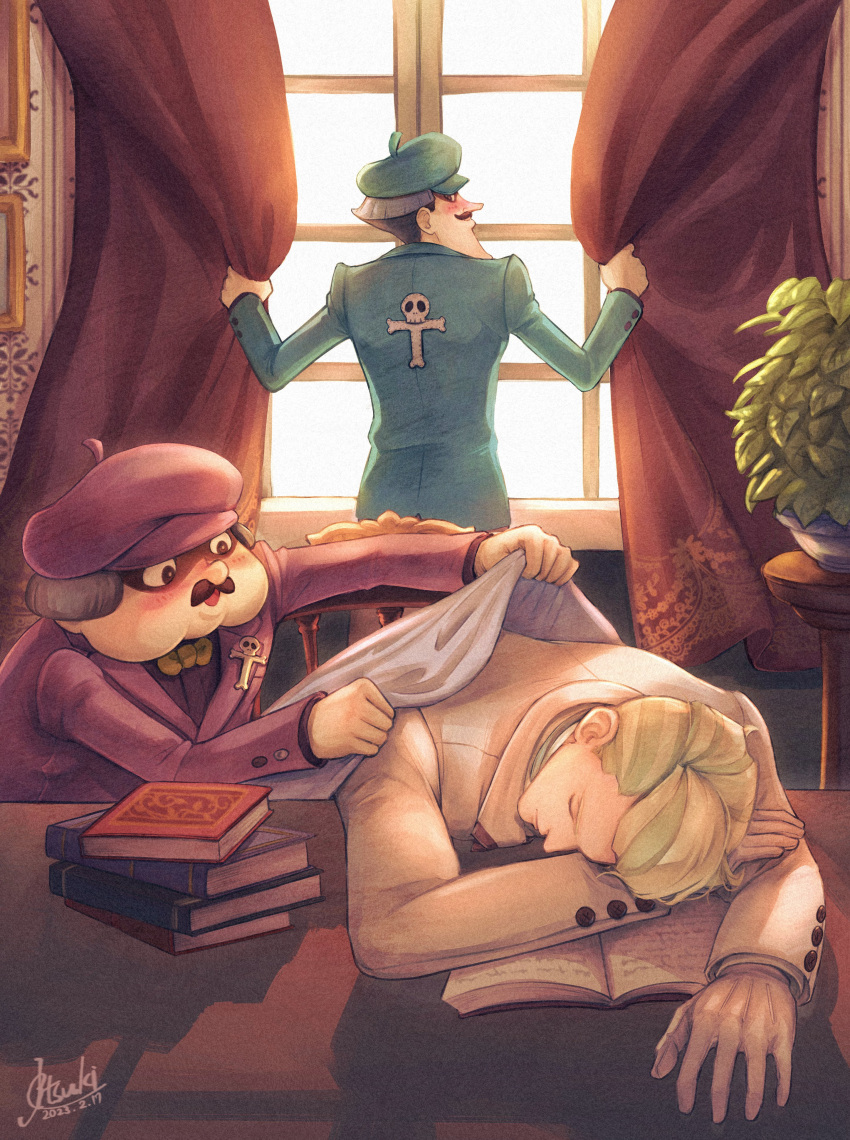 3boys, absurdres, ace_attorney, ashley_graydon, beret, black_hair, blonde_hair, book