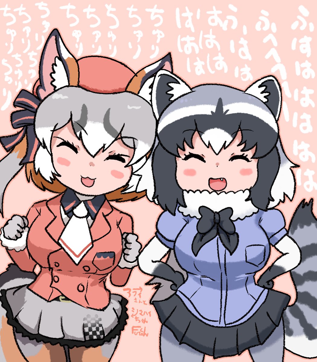 2girls, animal_ears, blazer, bow, bowtie, common_raccoon_(kemono_friends), elbow_gloves, extra_ears