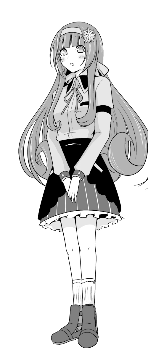 1girl, bangs, blunt_bangs, boots, collared_shirt, commentary_request, dress_shirt, flower, full_body, greyscale, hair_flower, hair_ornament, hairband, helena_(kancolle), highres, kanade_(kanadeya), kantai_collection, long_hair, monochrome, neck_ribbon, official_alternate_costume, pleated_skirt, ribbon, shirt, simple_background, skirt, solo, v_arms