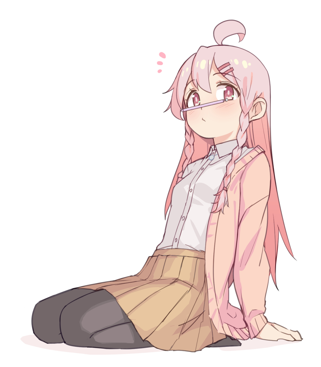 1girl, ahoge, bangs, black_pantyhose, braid, breasts, dress_shirt, full_body