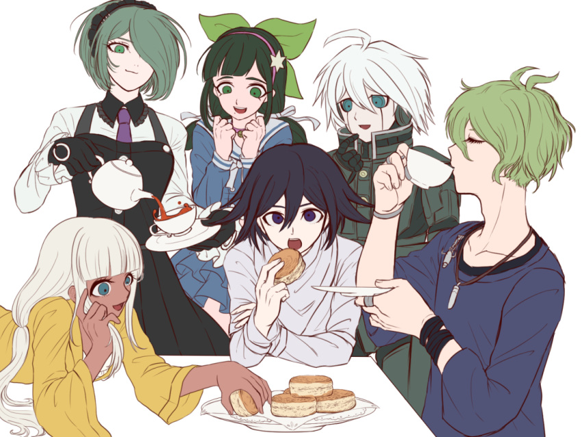 3boys, 3girls, :d, ahoge, amami_rantarou, bangs, black_dress, black_gloves