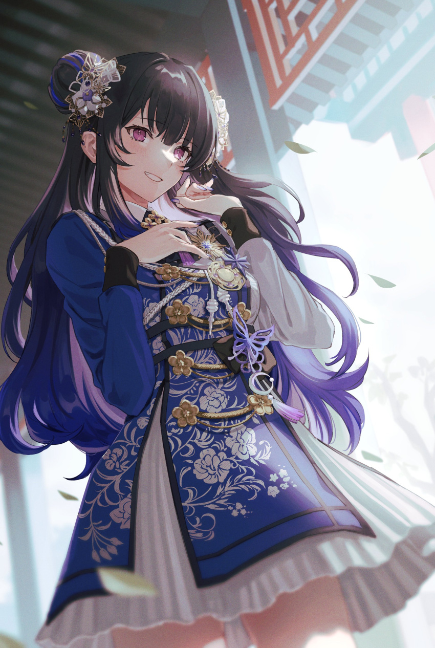 1girl, 2gou, absurdres, aiguillette, architecture, badge, bangs, bloom