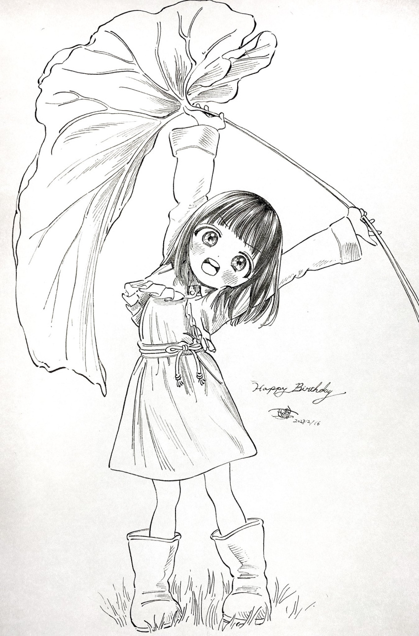 1girl, akebi-chan_no_serafuku, akebi_kao, arms_up, bangs, blunt_bangs, boots, dated