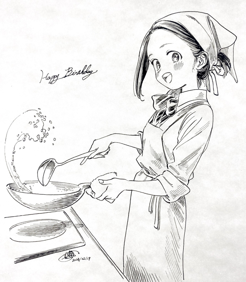 1girl, akebi-chan_no_serafuku, apron, collared_shirt, cooking, dated, food, fried_rice