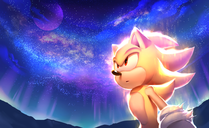 1boy, animal_ears, animal_nose, artist_name, aurora, blue_sky, furry, furry_male, gloves, gradient_sky, hedgehog, hedgehog_ears, highres, looking_up, male_focus, mountain, night, night_sky, open_mouth, outdoors, planet, purple_sky, red_eyes, shira-hedgie, sky, solo, sonic_(series), sonic_the_hedgehog, standing, star_(sky), starry_sky, super_sonic, tongue, white_gloves, yellow_fur