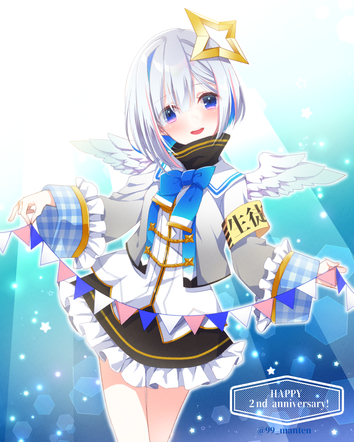 1girl, amane_kanata, angel_wings, anniversary, bangs, blue_eyes, blue_hair, blush