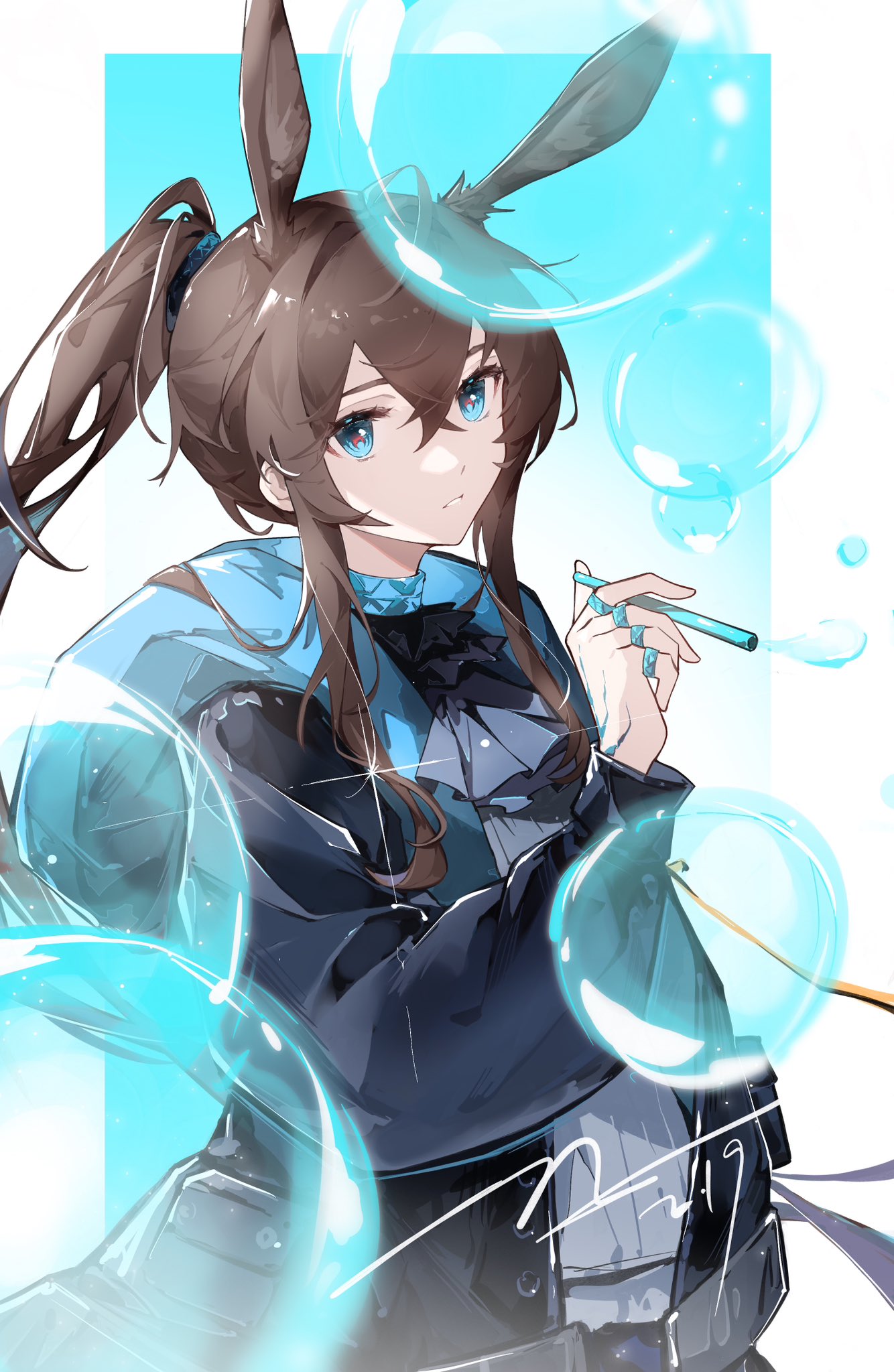 1girl, amiya_(arknights), animal_ears, arknights, ascot, black_ascot, blue_background, blue_eyes