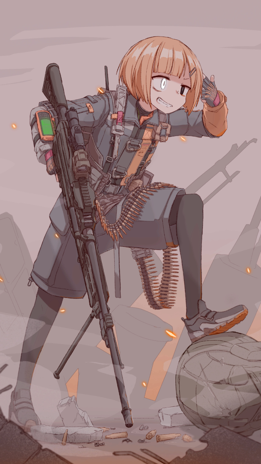 1girl, ammunition_belt, bipod, black_eyes, black_jacket, blonde_hair, commentary, english_commentary