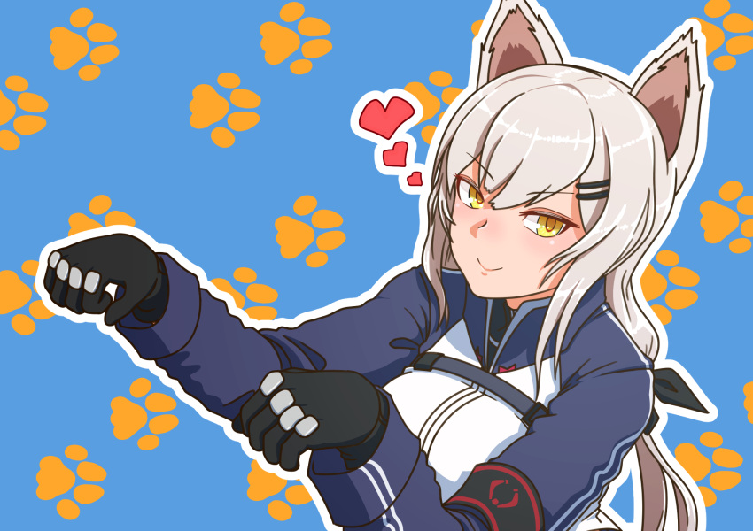 1girl, animal_ears, armband, black_armband, black_gloves, blue_background, bow, cat_ears, girls_frontline, gloves, grey_hair, hair_bow, hair_ornament, hairclip, heart, highres, jacket, long_hair, looking_at_viewer, m590_(girls'_frontline), paw_pose, paw_print, paw_print_background, smile, solo, tomtom_drawing, upper_body, yellow_eyes