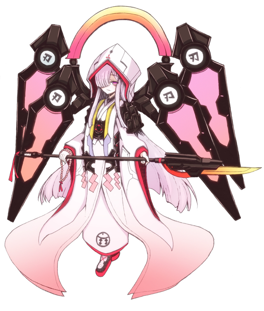 artery_gear, artery_gear:_fusion, beads, commentary_request, hair_over_one_eye, highres, holding, holding_polearm, holding_weapon, japanese_clothes, kagura_(artery_gear), kimono, kuro_(kuroi-nanika), long_hair, long_sleeves, mecha_musume, pink_eyes, pink_hair, polearm, prayer_beads, sidelocks, uchikake, very_long_hair, weapon