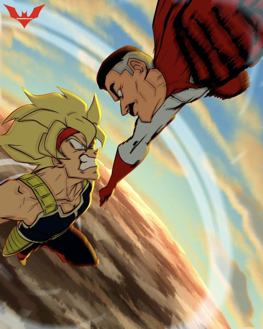 2boys, armor, bardock, batm_andrew, black_hair, blonde_hair, blue_eyes, cape, clenched_teeth, clouds, crossover, dragon_ball, dragon_ball_z, facial_hair, gloves, grey_hair, highres, invincible_(series), male_focus, multicolored_hair, multiple_boys, mustache, nolan_grayson, omniman, red_cape, red_gloves, sky, super_saiyan, super_saiyan_1, superhero, teeth, trait_connection, two-tone_hair, watermark