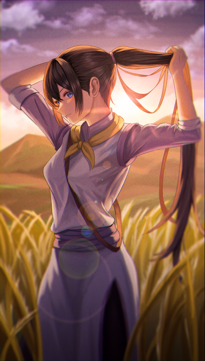1girl, absurdres, arms_up, bangs, blue_eyes, blurry, blurry_background, brown_hair