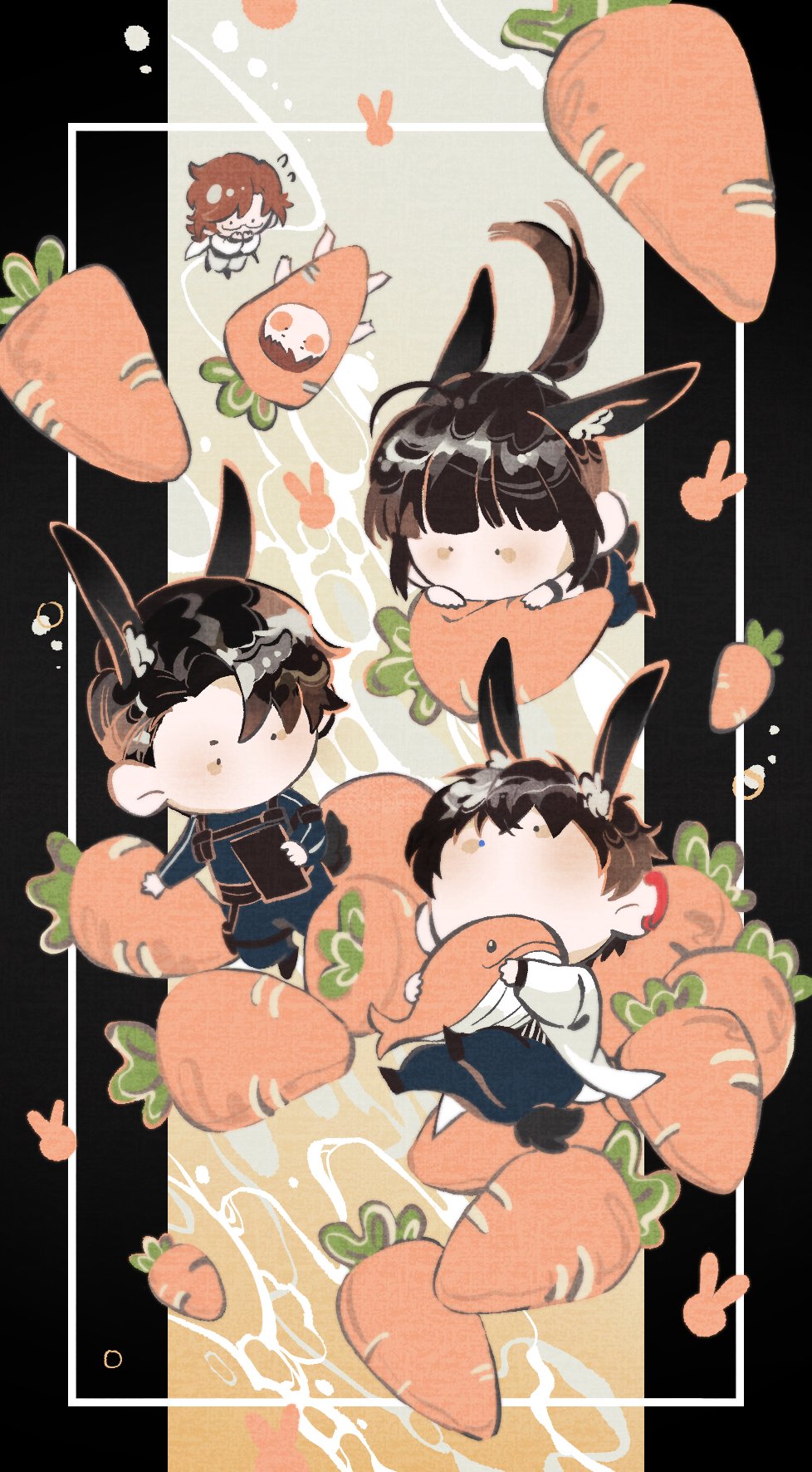 2girls, 3boys, animal_ears, baek_ae-young, black_eyes, black_hair, bodysuit, brown_hair