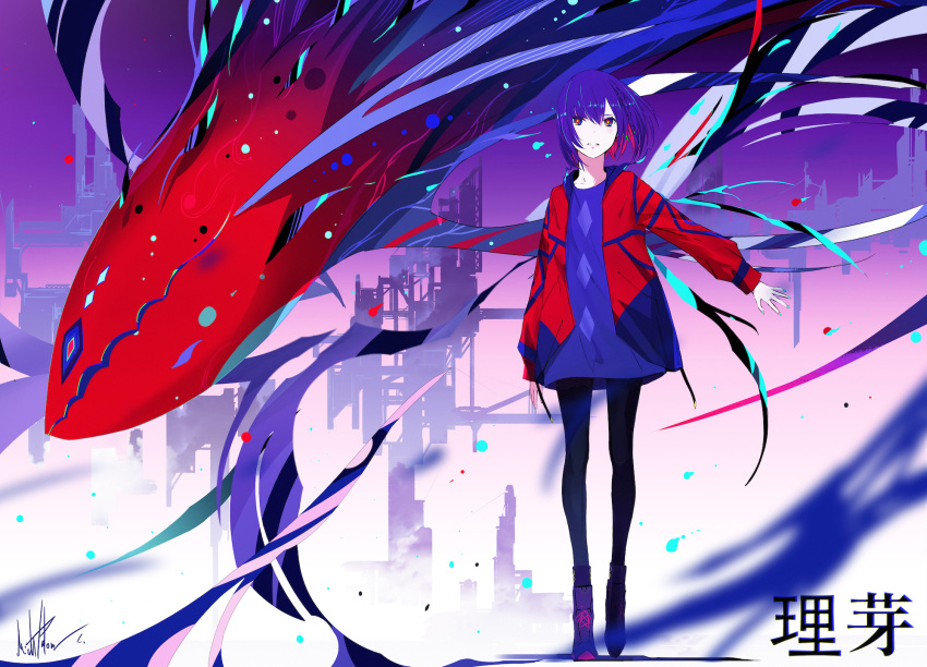 1girl, black_pantyhose, blue_eyes, blue_hair, blue_nails, blue_shirt, blush, character_name