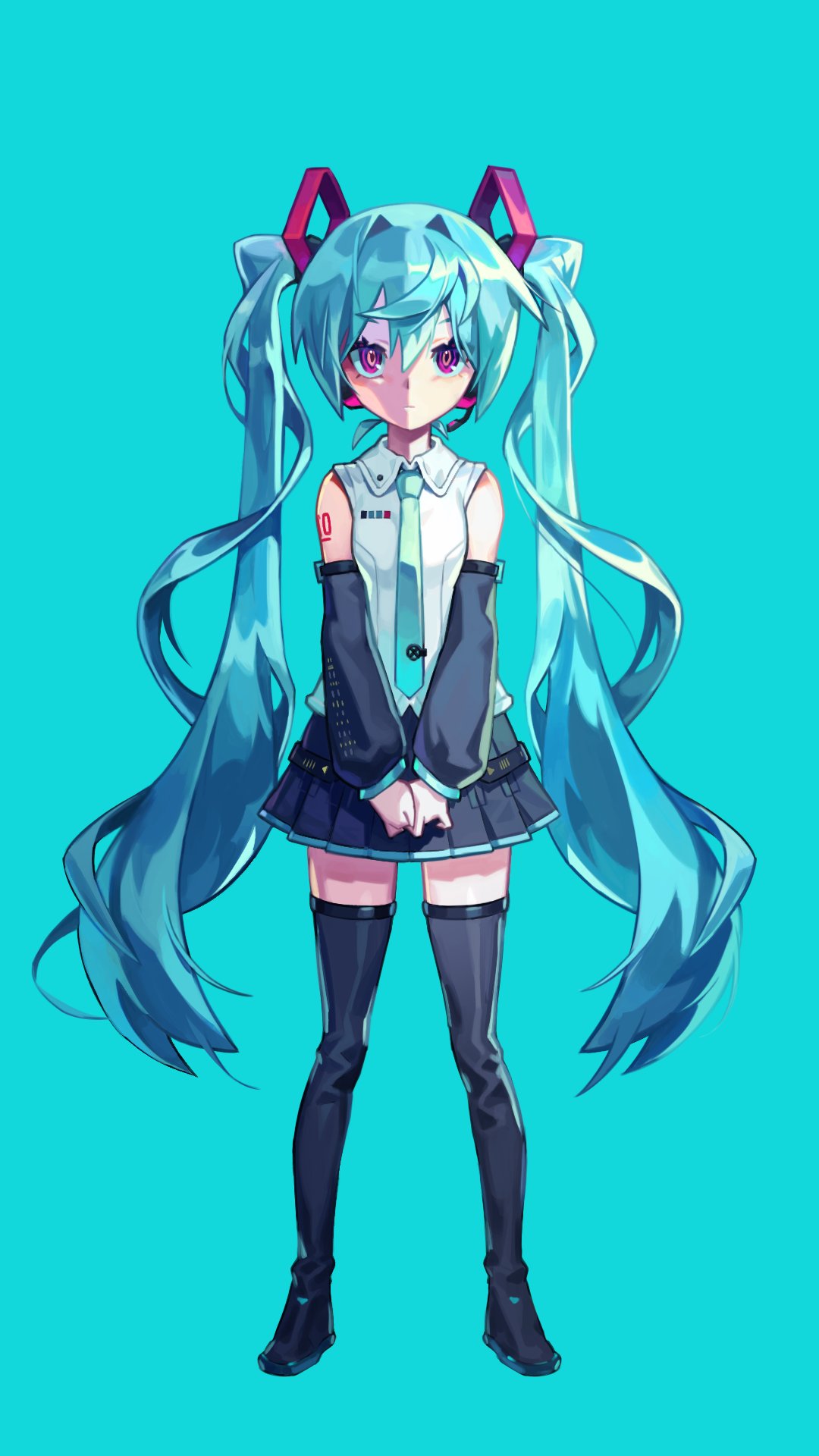 1girl, anonymous_m_(vocaloid), aqua_background, aqua_hair, aqua_necktie, bare_shoulders, black_skirt, black_sleeves