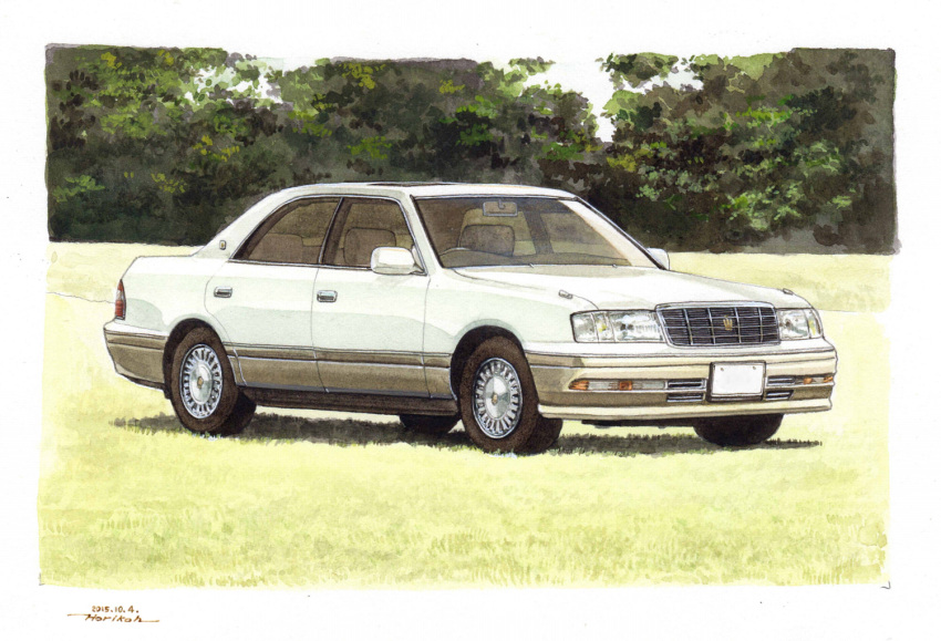 artist_name, border, car, commentary_request, dated, ground_vehicle, headlight, horikou, motor_vehicle, no_humans, original, toyota, toyota_crown, vehicle_focus, wheel, white_border
