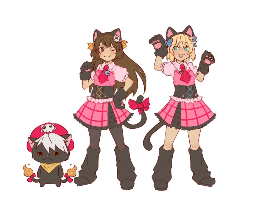 1other, 2girls, alternate_costume, animal_ears, animal_hands, aqua_eyes, black_cat, black_pantyhose