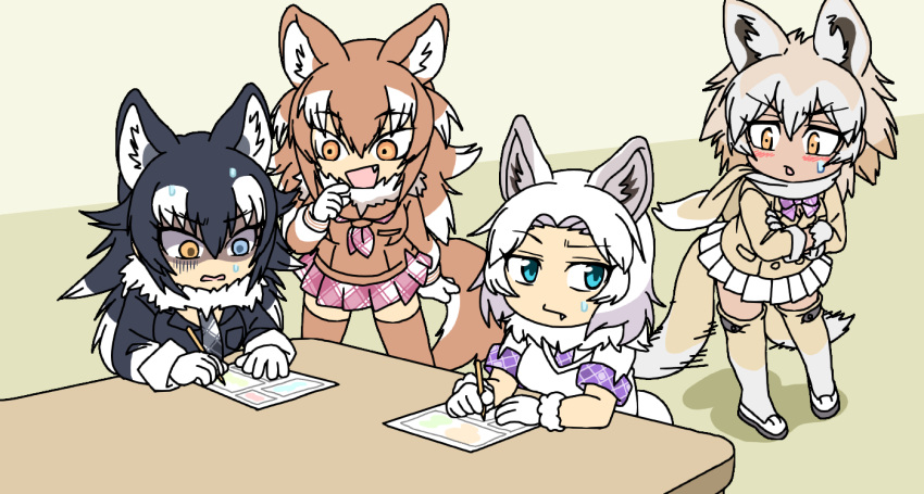 4girls, afterimage, alternate_design, animal_ears, aqua_eyes, arm_at_side, bangs, black_hair