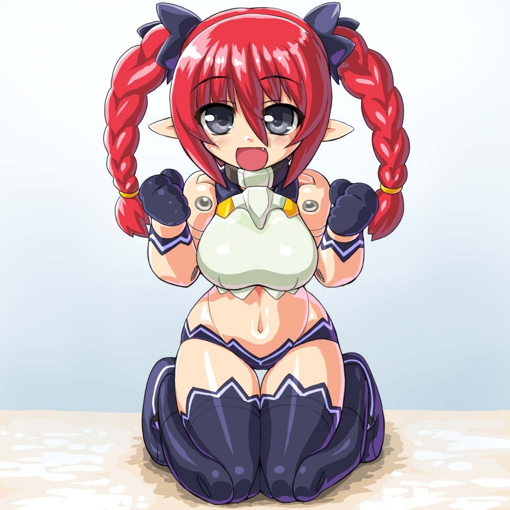 blush, braid, breasts, busou_shinki, dd_(artist), doll_joints, fang, kneeling