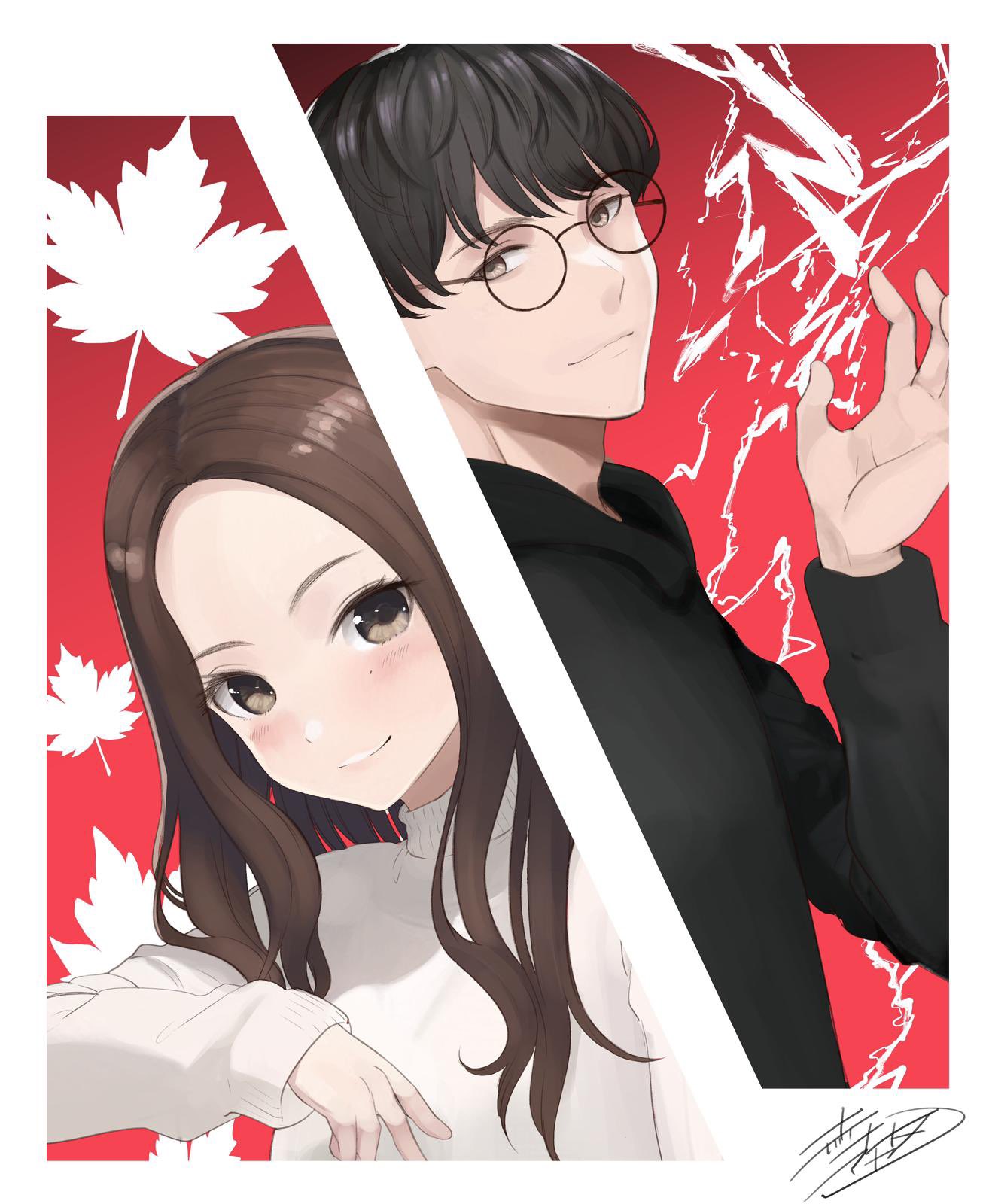 1boy, 1girl, akasaka_aka, artist_name, black-framed_eyewear, black_hair, black_hoodie, brown_hair
