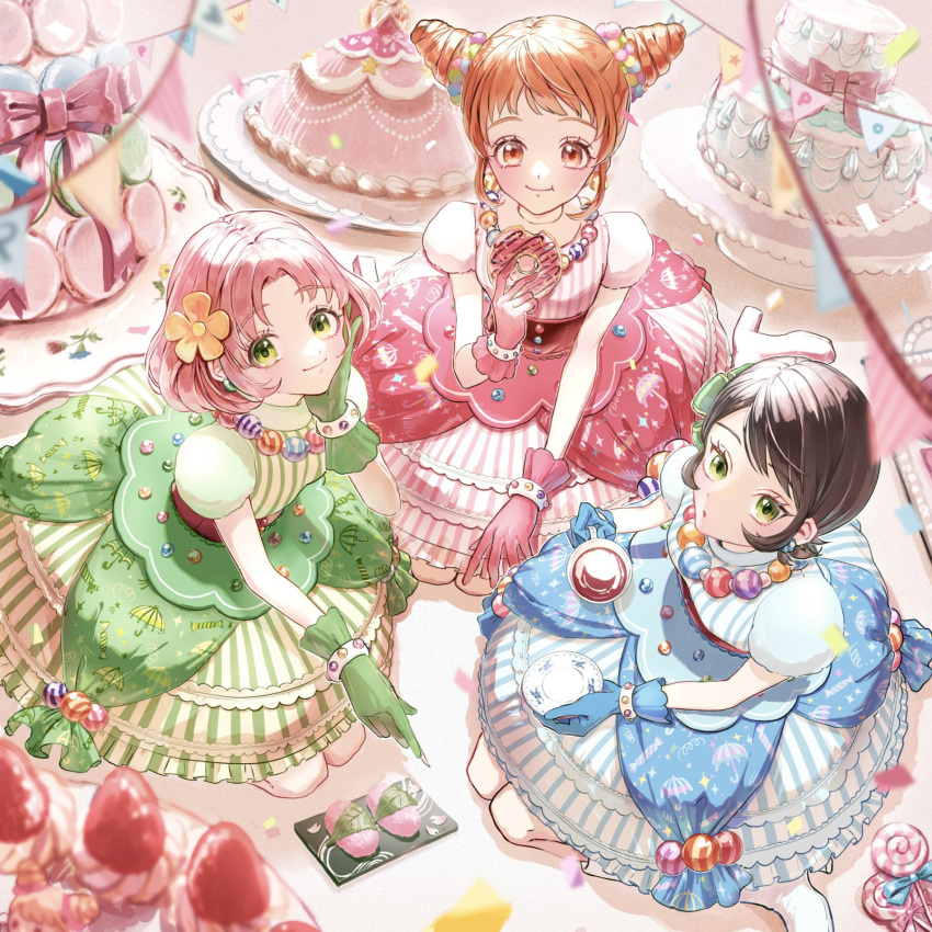 3girls, aikatsu!, aikatsu!_(series), arisugawa_otome, bangs, blue_dress, blue_gloves, bow