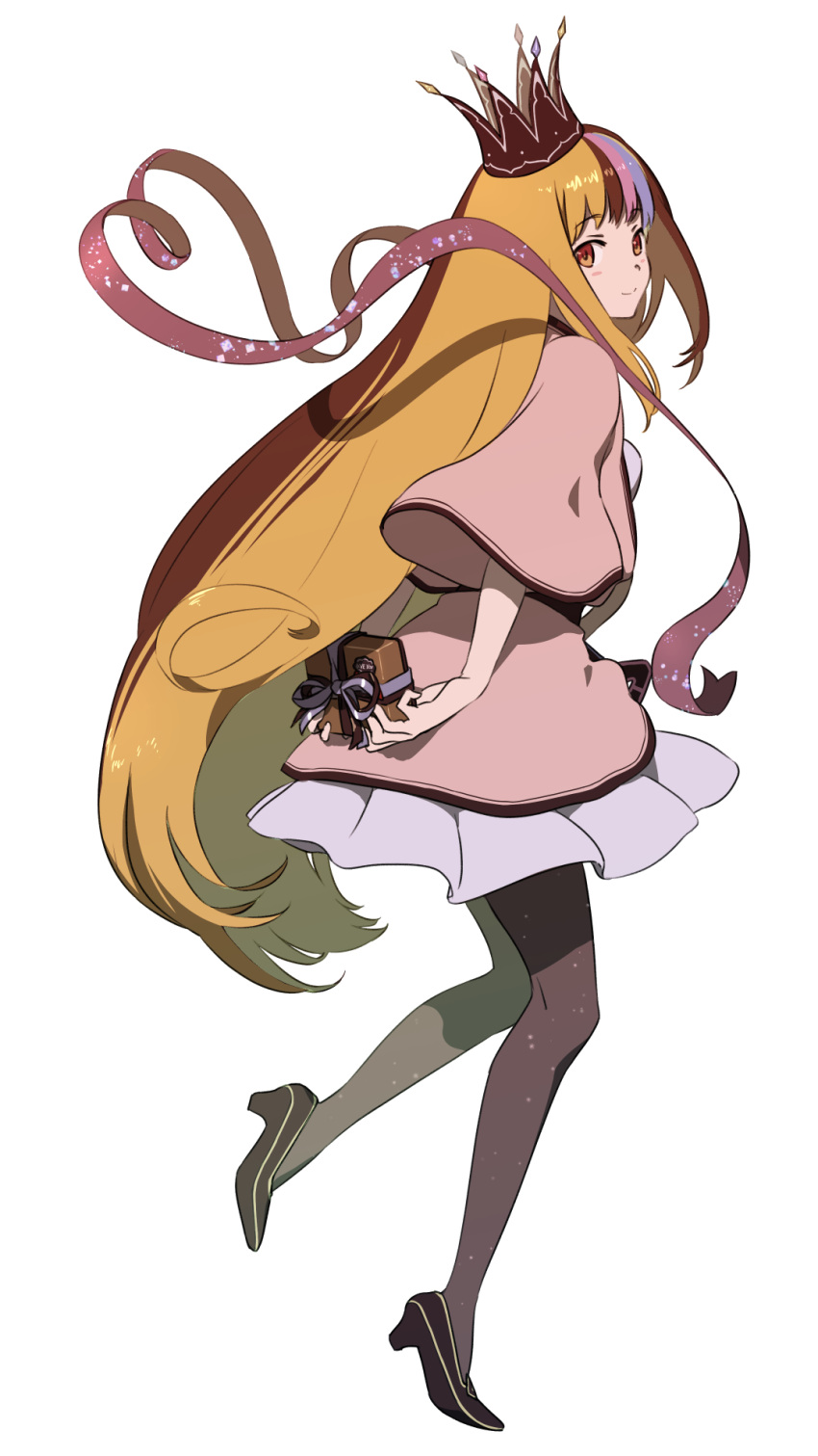 1girl, arms_behind_back, black_footwear, black_pantyhose, blonde_hair, box, brown_eyes, brown_hair, closed_mouth, crown, dress, full_body, galaco, galaco_(neo), highres, holding, holding_box, long_hair, looking_back, multicolored_hair, pantyhose, ribbon, smile, solo, streaked_hair, tarokazu, valentine, very_long_hair, vocaloid, white_background