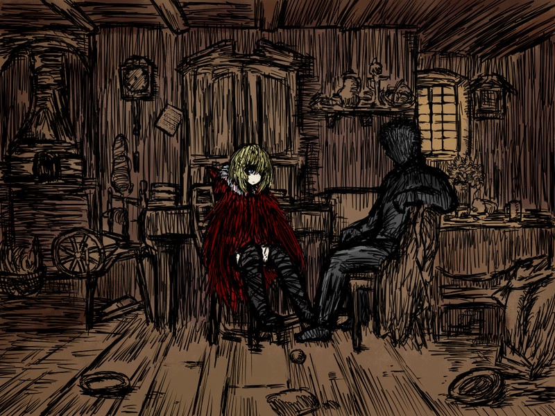1boy, 1girl, bangs, black_footwear, black_souls, black_thighhighs, blonde_hair, blue_eyes