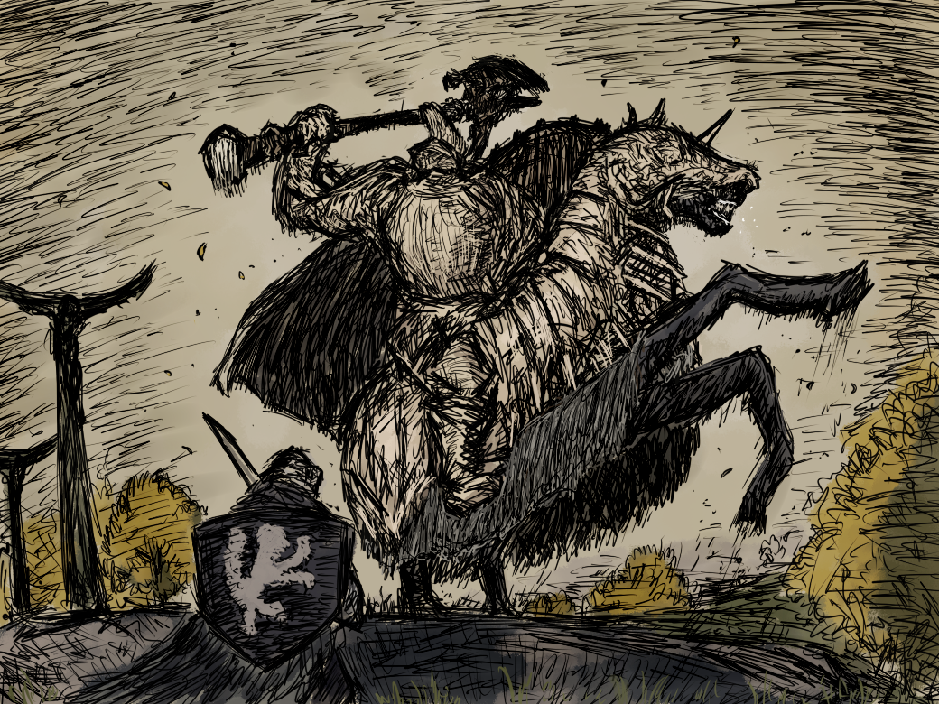 1other, 2boys, armor, axe, bare_tree, battle, breastplate, cape