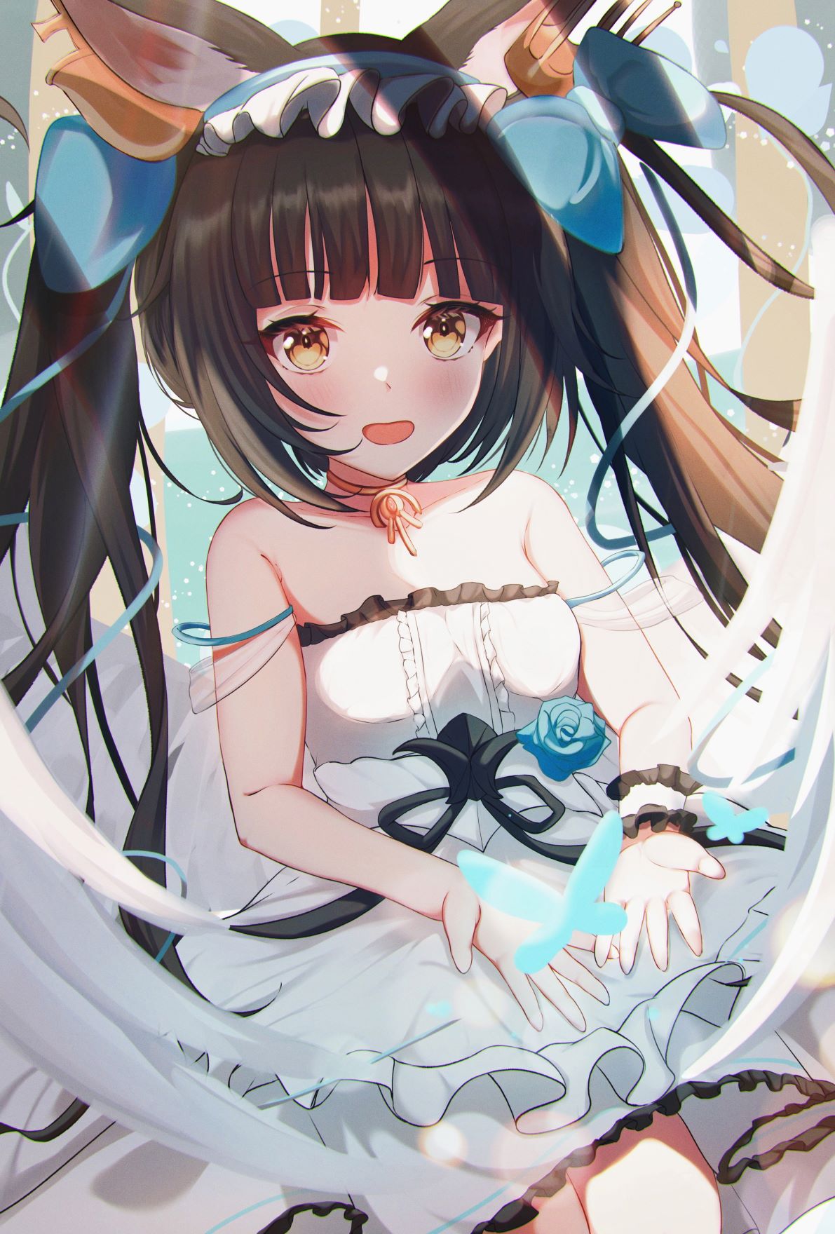 1girl, :d, alternate_costume, animal_ear_fluff, animal_ears, azur_lane, bangs, bare_shoulders