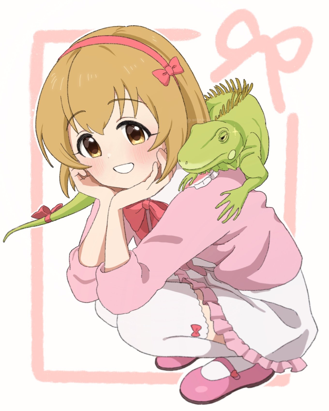 1girl, animal, bow, bowtie, dress, eyelashes, frilled_dress, frills